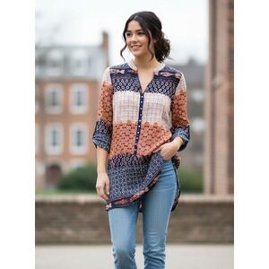 Zara Basic Shirt Dress Womens Large Multicolor Paisley Geometric Split Neck